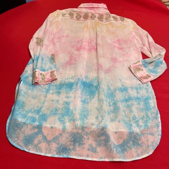 Soft Surroundings Gilded Paisley Tie-Dye Tunic Top Button Up Sequin Sz Medium - Picture 8 of 9